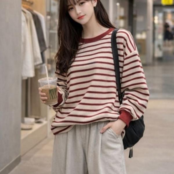 루즈핏 맨투맨 스트라이프 데일리 티셔츠
