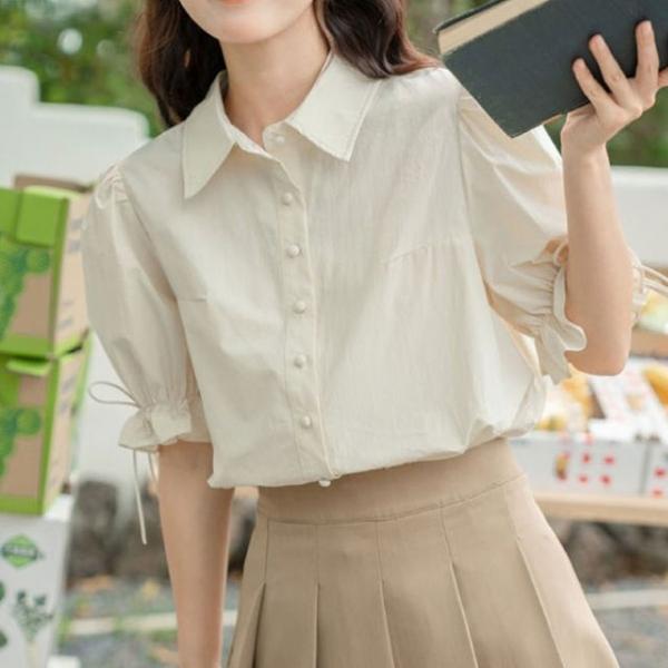 셔츠블라우스 퍼프 스트링 셔링 반팔 단정한 블라우스