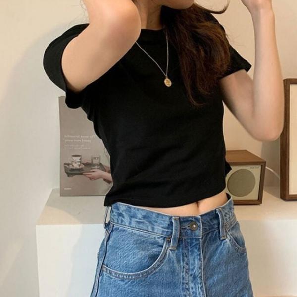베이지 무지 크롭 반팔 여성 슬림 티셔츠 크롭티