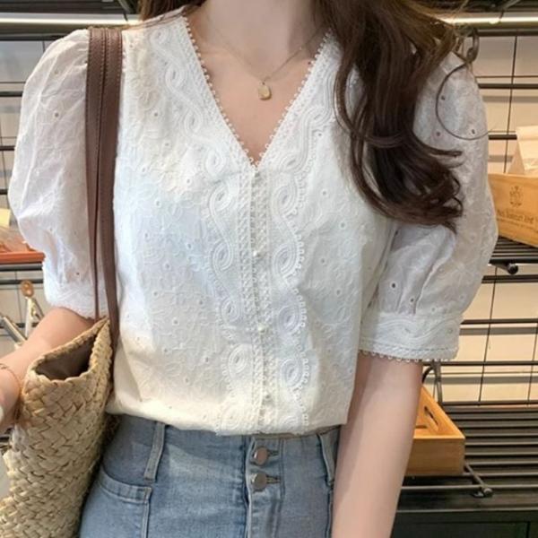 레이스 펀칭 브이넥 퍼프 소매 반팔 여성 블라우스