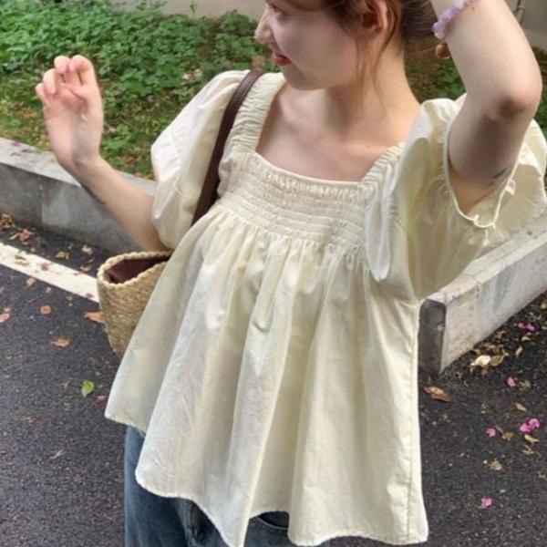 스퀘어넥 벌룬 퍼프 소매 반팔 플레어 티 블라우스