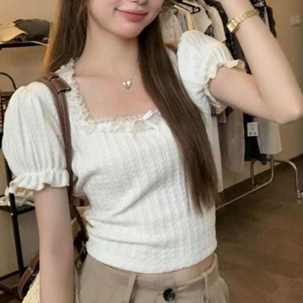 레이스 리본 스퀘어넥 크롭 반팔티 반팔 티셔츠