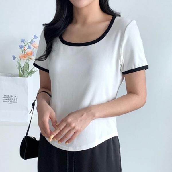 배색 무지 세미 크롭 라운드 반팔티 반팔 티셔츠