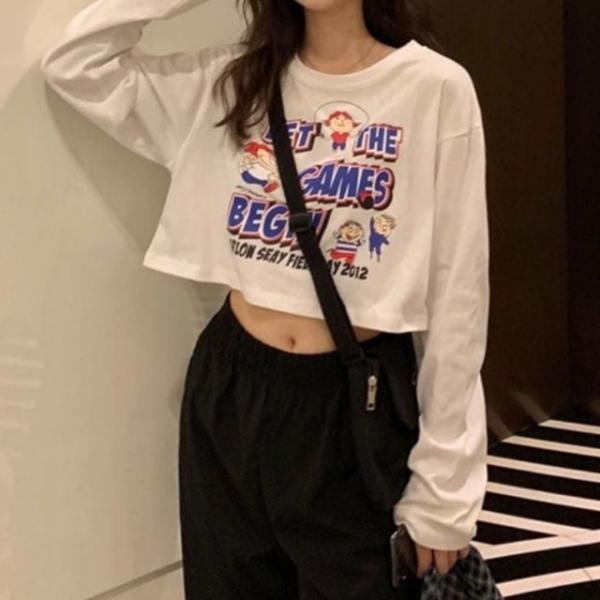 긴팔 크롭티 라운드 프린팅 오버핏 티셔츠