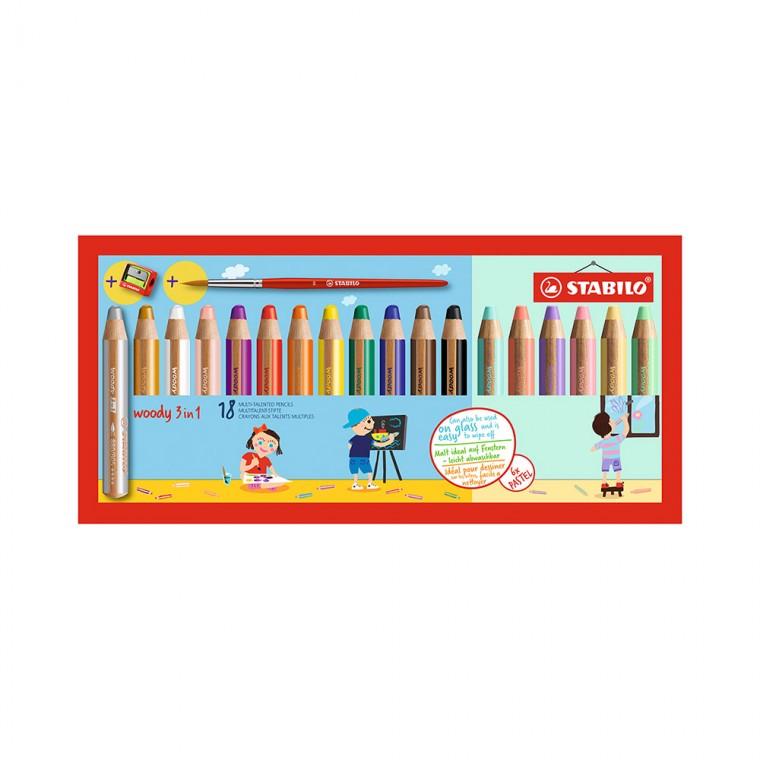스타빌로 우디 3in1 파스텔 18색세트/수채물감 색연필 왁스크레용