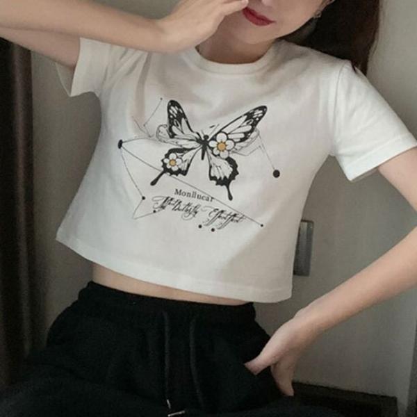 크롭 나비 반팔 티셔츠 크롭티 무지 반팔티