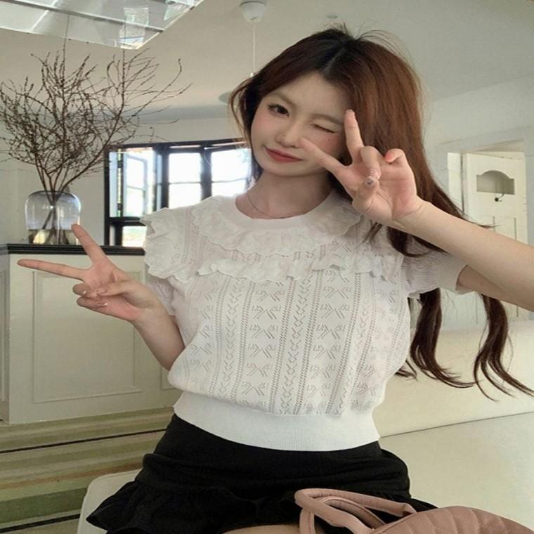 여름 러블리 큐티 여자 데일리 프릴 니트 반팔티셔츠