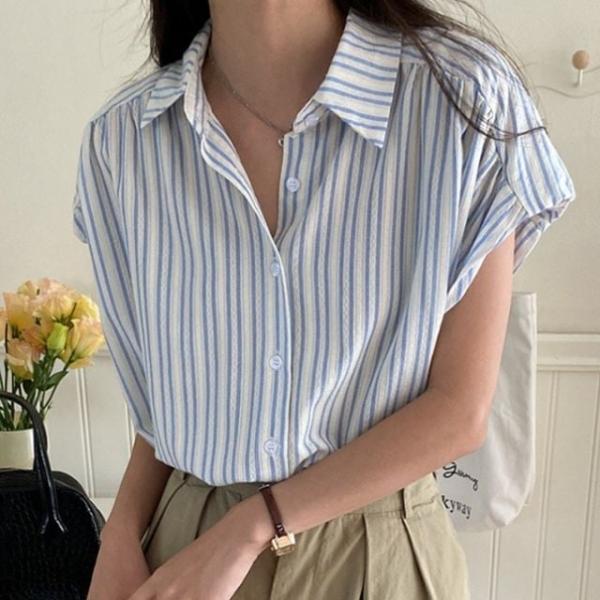 여름 스트라이프 캡소매 오버핏 남방 셔츠 블라우스