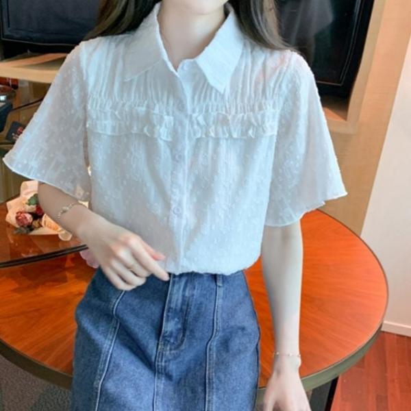 주름 셔츠 프릴 카라 반팔 여성 블라우스