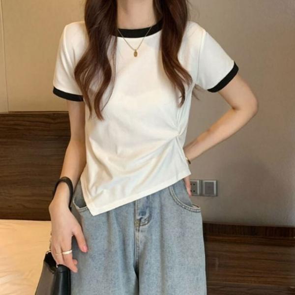 배색 밑단 사선 셔링 라운드넥 반팔 티셔츠