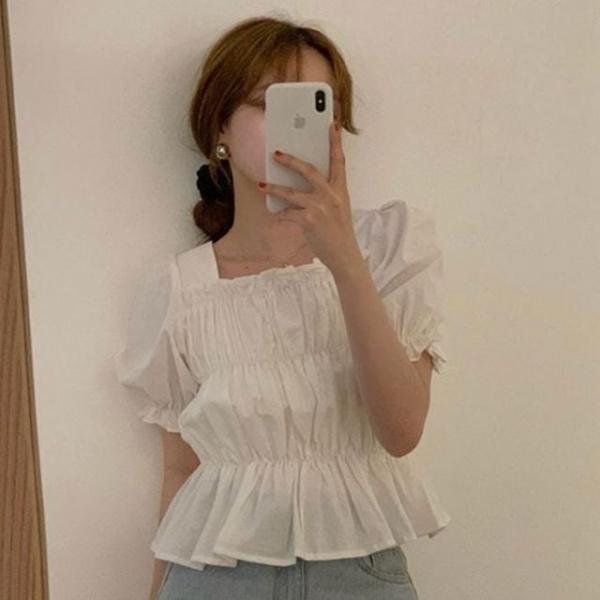 퍼스 벌룸 소매 귀여운 크롭 셔링 반팔 티 블라우스