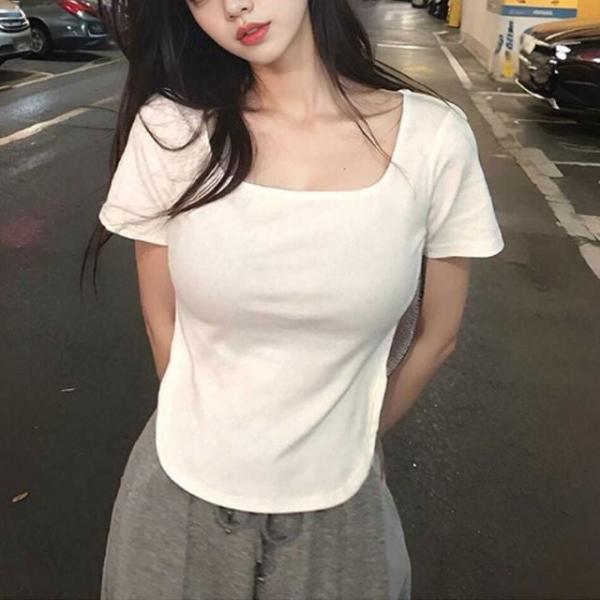 스퀘어넥 밑단 라운드 반팔 반팔티 티셔츠