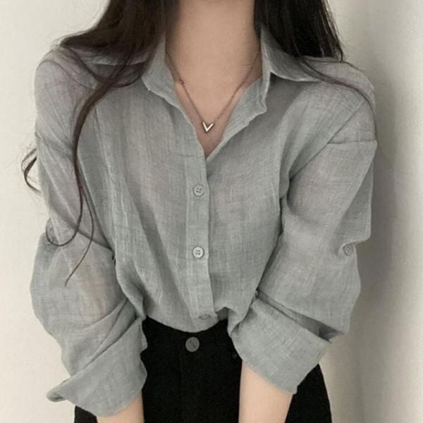 시시루 긴필 비치는 셔츠 남방 여름 카라 셔츠