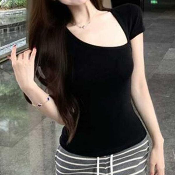 비대칭 절개 숄더 슬림핏 캡소매 여름 반팔 티셔츠
