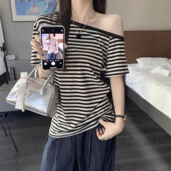 원숄더 오프숄더 스트라이프 반팔 포인트룩 티셔츠