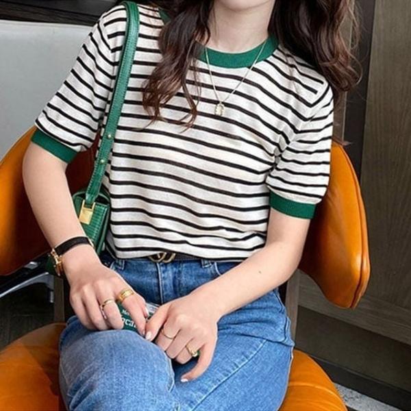 배색 스트라이프 여름 반팔 니트 티셔츠