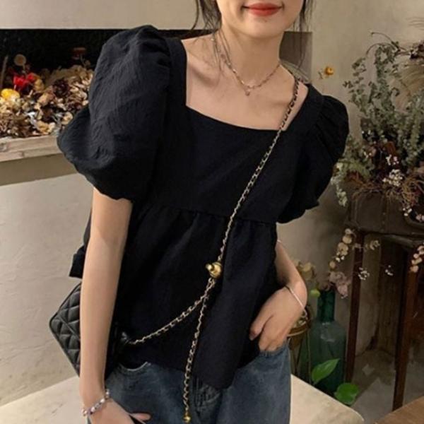 스퀘어넥 퍼프 소매 플레어 귀여운 반팔 블라우스