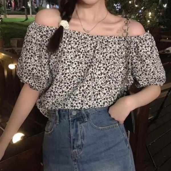 플라워 오프숄더 퍼프 소매 블라우스