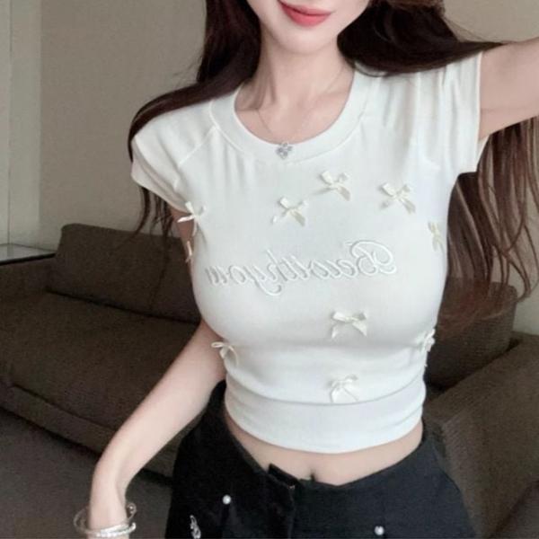 리본 슬림핏 레터링 캡소매 크롭 반팔 티셔츠