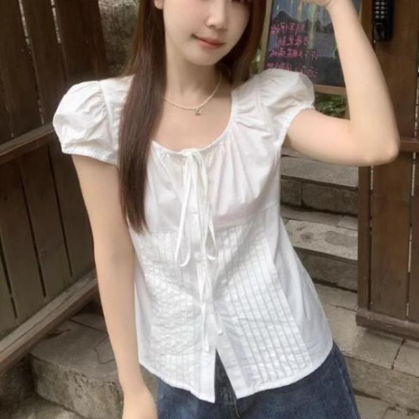 퍼프 소매 리본 주름 여름 반팔 귀여운 블라우스