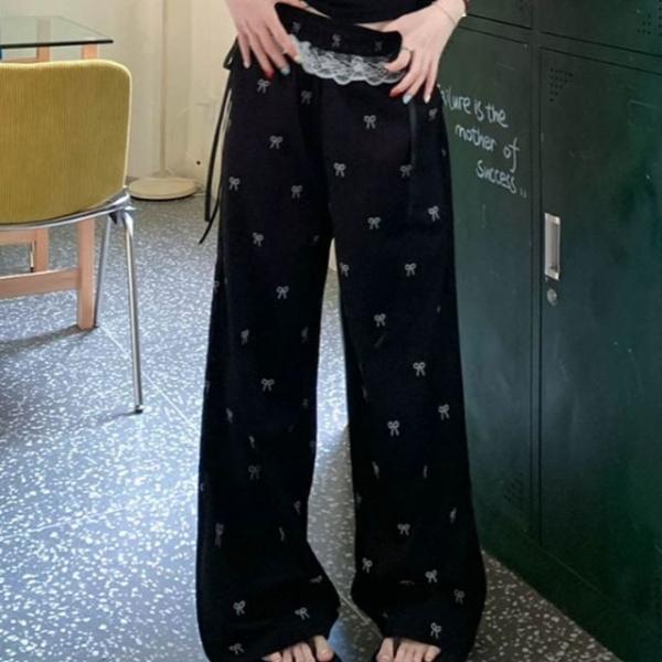 리본 와이드 핀턱 레이스 와이드팬츠 바지