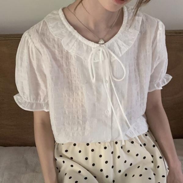 프릴 카라 레이스 셔링 리본 러블리 블라우스