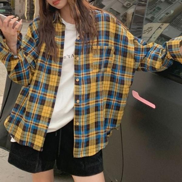 웰로우 오버핏 체크 카라 남방 긴팔 셔츠