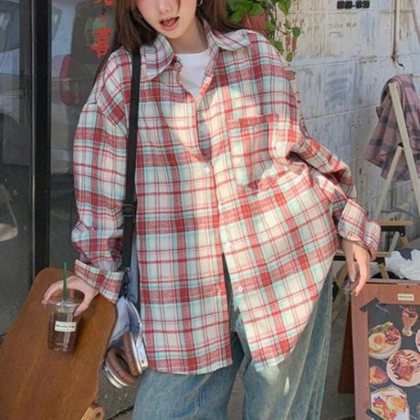 레드 오버핏 체크 카라 남방 긴팔 셔츠
