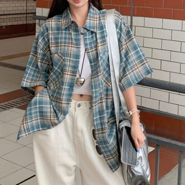 블루 오버핏 체크 카라 남방 반팔 셔츠