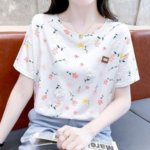 꽃무늬 데일리 패턴 여름 라운드넥 무늬 반팔 티셔츠