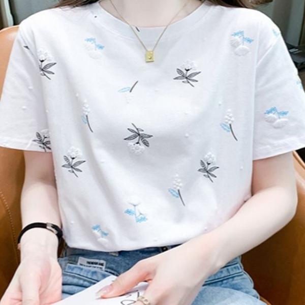 잔꽃무늬 패턴 여름 라운드넥 무늬 반팔 엄마 티셔츠