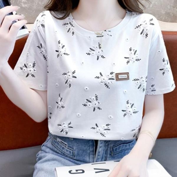 그레이 잔꽃 패턴 여름 라운드넥 무늬 반팔 티셔츠
