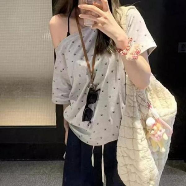 오프숄더 원숄더 포인트 오버핏 반팔 티셔츠