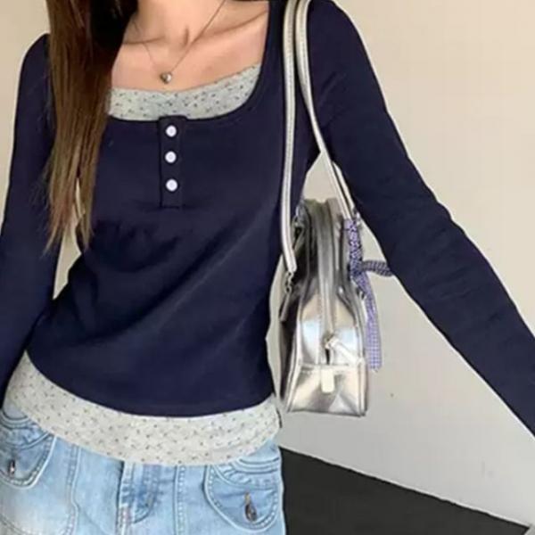 레이어드 버튼 슬림 긴팔 캐주얼 티셔츠
