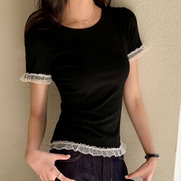 레이스 라운드넥 슬림핏 반팔 기본 티셔츠