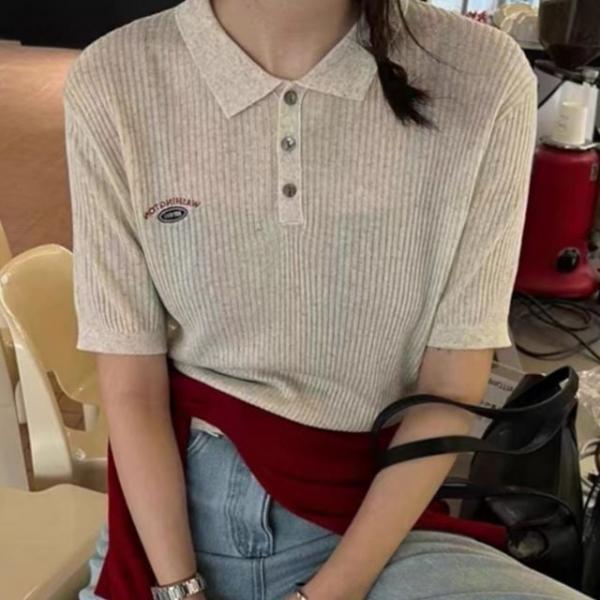 골지 버튼 카라 반팔 니트티 심플 반팔티