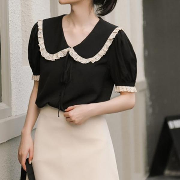 카라 레이스 퍼프 소매 정장 단아한 반팔 여름 블라우스