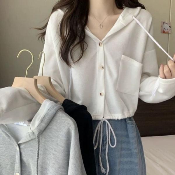루즈핏 후드 숏 크롭 가디건 티셔츠