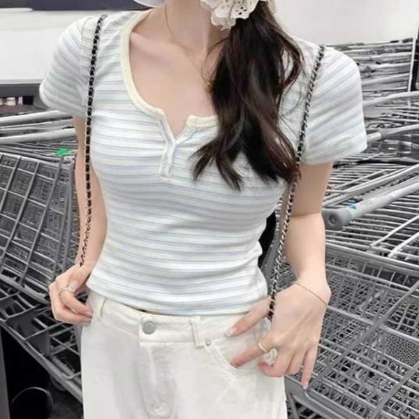 크롭 반팔 여름 슬림핏 스트라이프 버튼 티셔츠