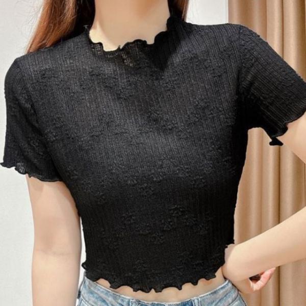 프릴 시스루 이너 크롭 여름 반팔티 반팔 블라우스