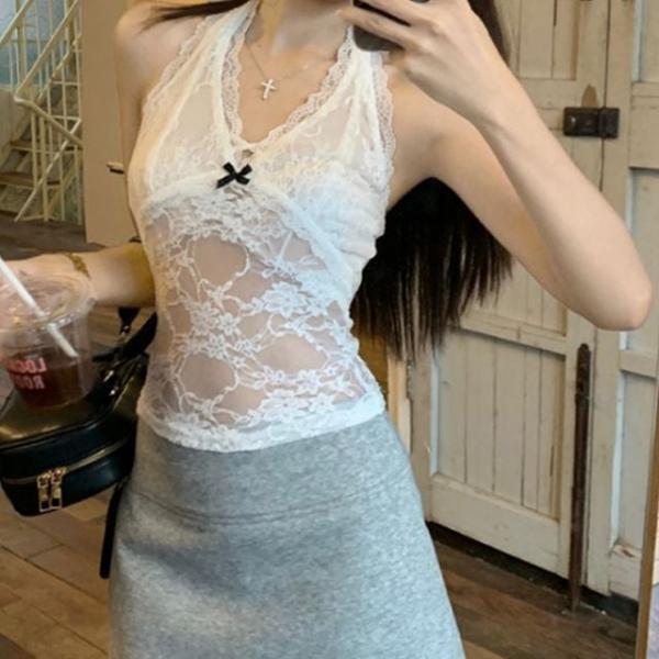 홀터넥 시스루 크롭 이너탑 슬림핏 여름 레이어드 티셔츠