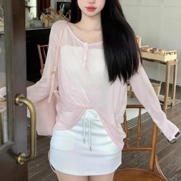 시스루 레이어드 라운드넥 긴팔 루즈핏 티셔츠