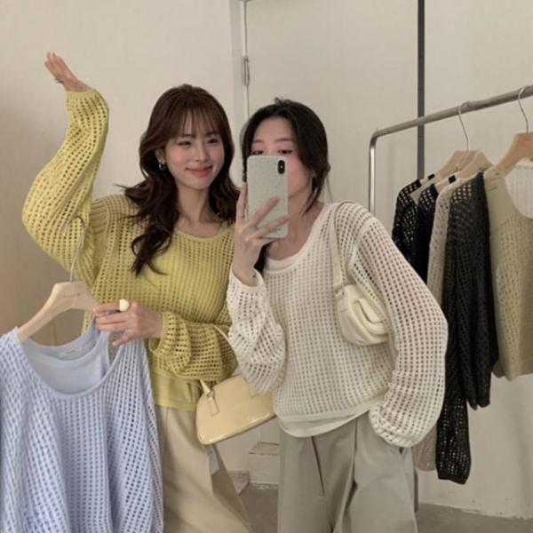 그물 펀칭 레이어드 긴팔 니트티 여리핏 루즈핏 니트