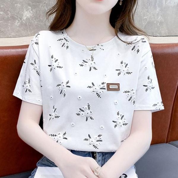 꽃무늬 패턴 여름 라운드넥 U넥 무늬 반팔 티셔츠