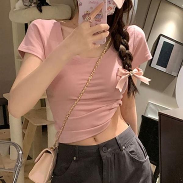 U넥 슬림핏 캡소매 무지 반팔 티셔츠 크롭 반팔티