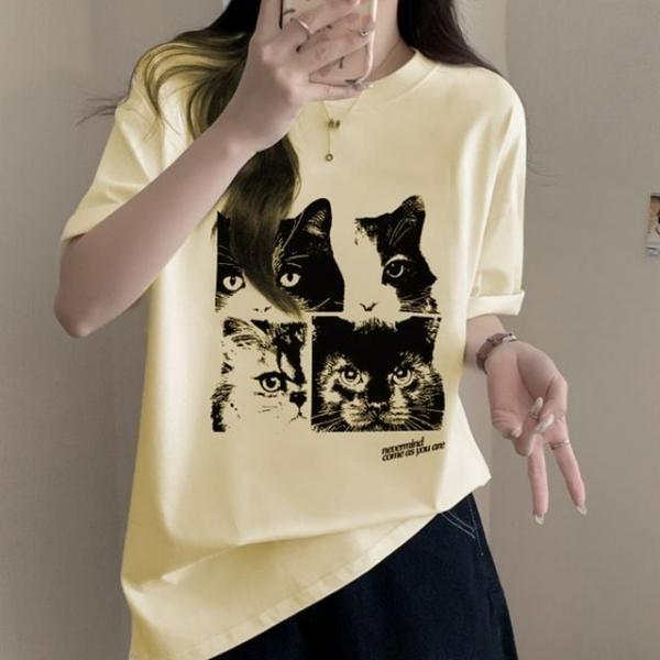 고양이 프린팅 레몬 여름 반팔 오버핏 티셔츠
