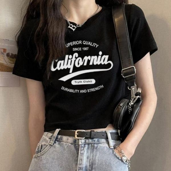 레터링 라운드넥 반팔 크롭티 반팔 크롭 티셔츠