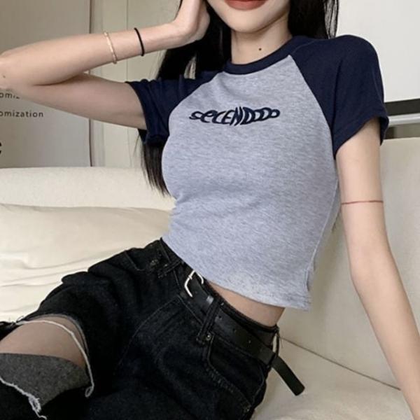 라그랑 골지 배색 크롭티 크롭 티셔츠