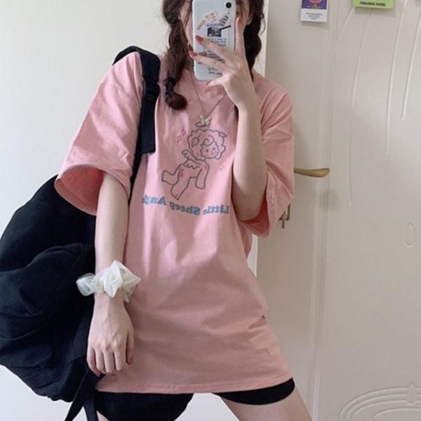 프린팅 귀여운 핑크 화이트 오버핏 반팔 여름 티셔츠