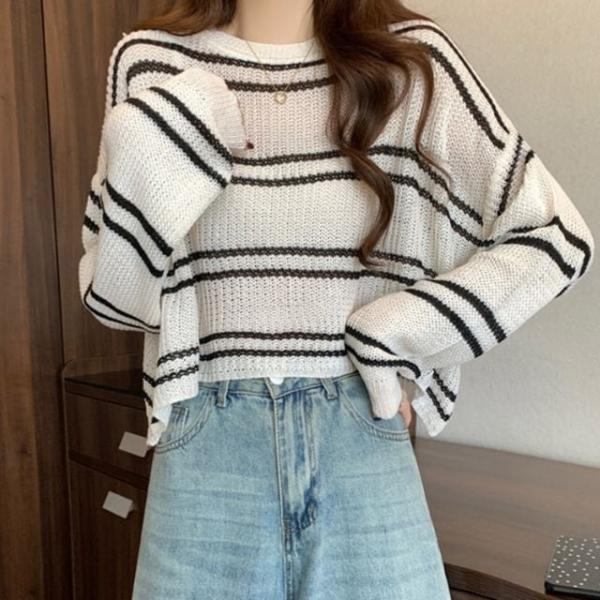 시스루 스트라이이프 긴팔 숏 크롭 시스루 니트